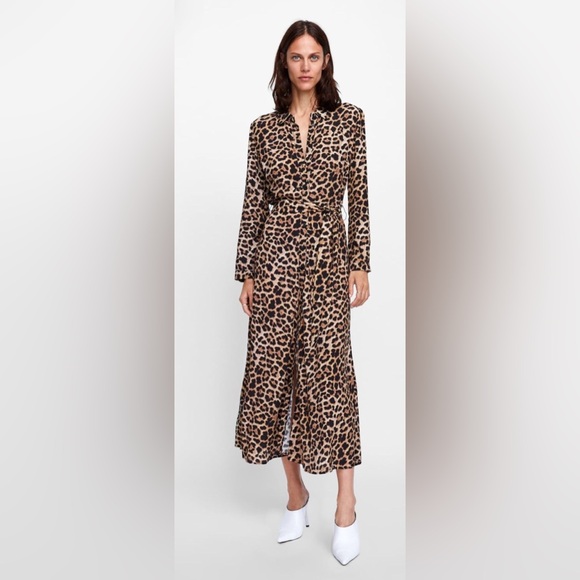 Zara Belted Maxi Leopard Buttoned Dress - Size Large -NWT - Picture 5 of 10
